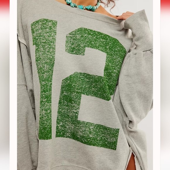NWT FREE PEOPLE Camden Graphic "12" Gray Green We The Free Pullover - Picture 4 of 6